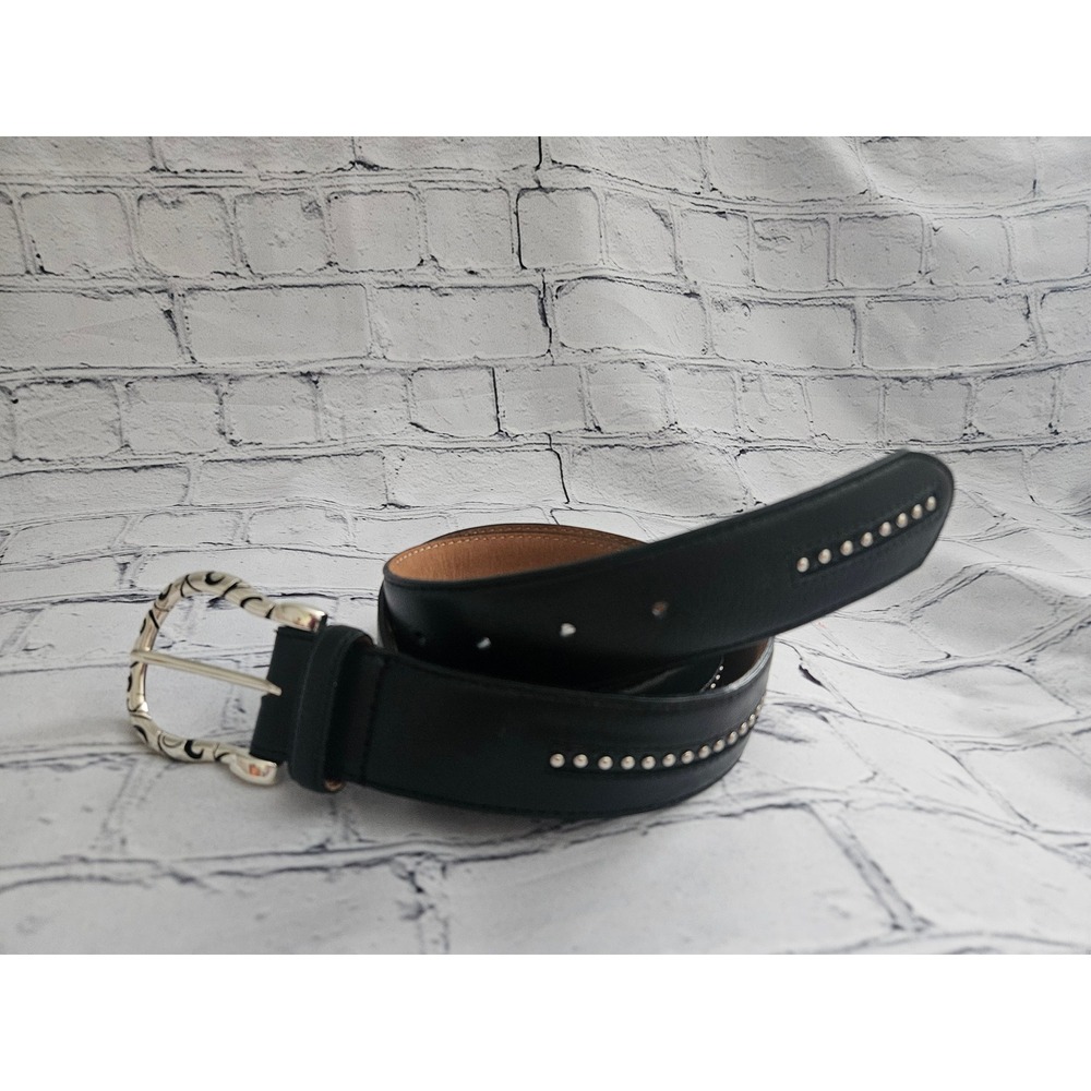 Brighton Black Leather Silver Studded Western Belt with Ornate Buckle - Size 34